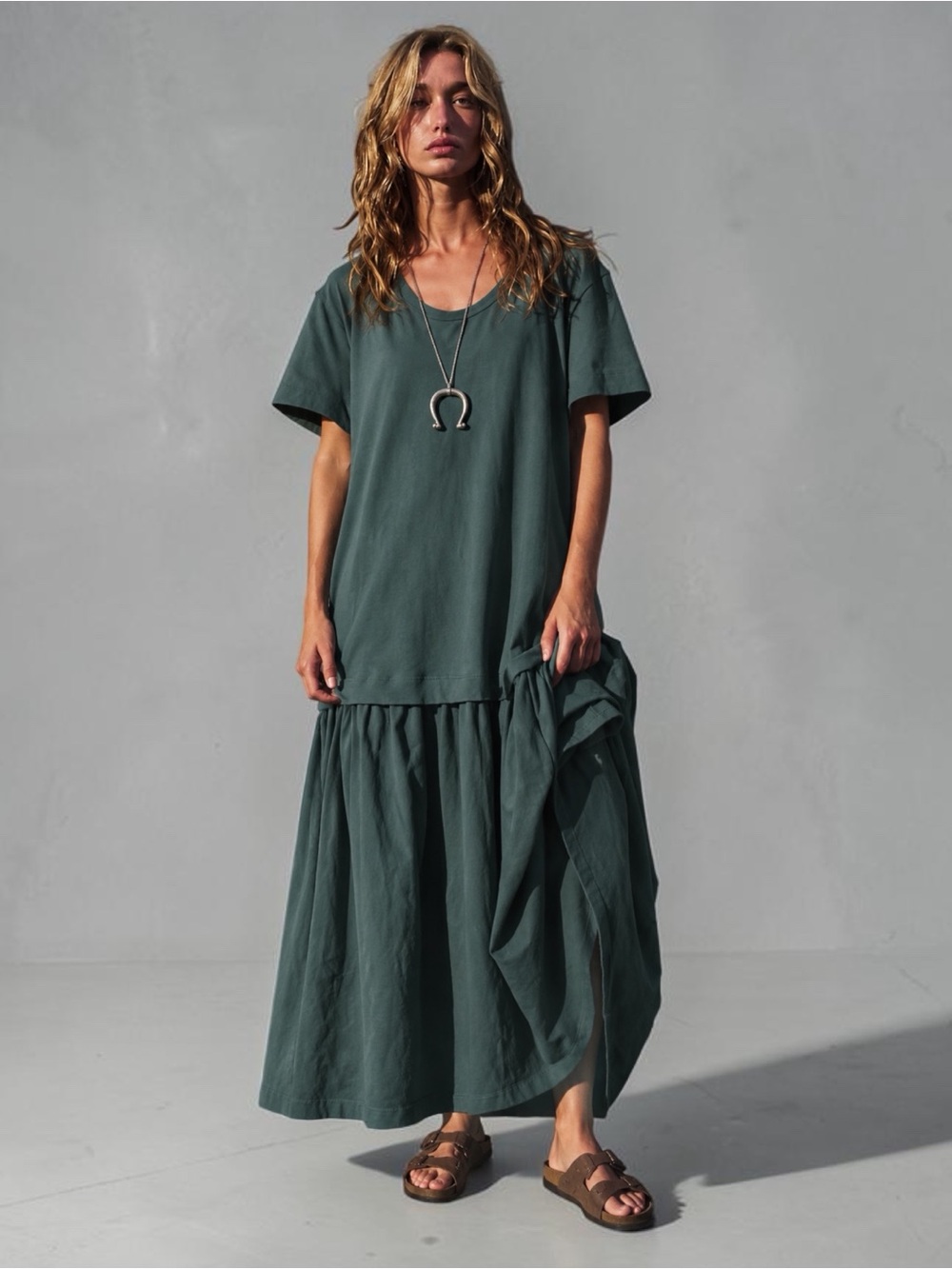 Free People Herron Maxi Dress S Green Teal Cotton Drop Waist‎ Tiered Boho